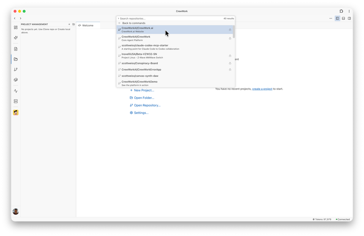 Repository clone dropdown showing connected GitHub repositories