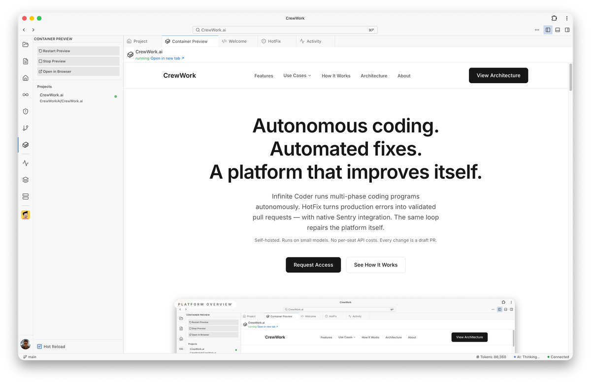 CrewWork workspace showing project, runs, and system views