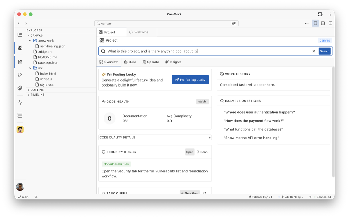 Project workspace with task queue and run status