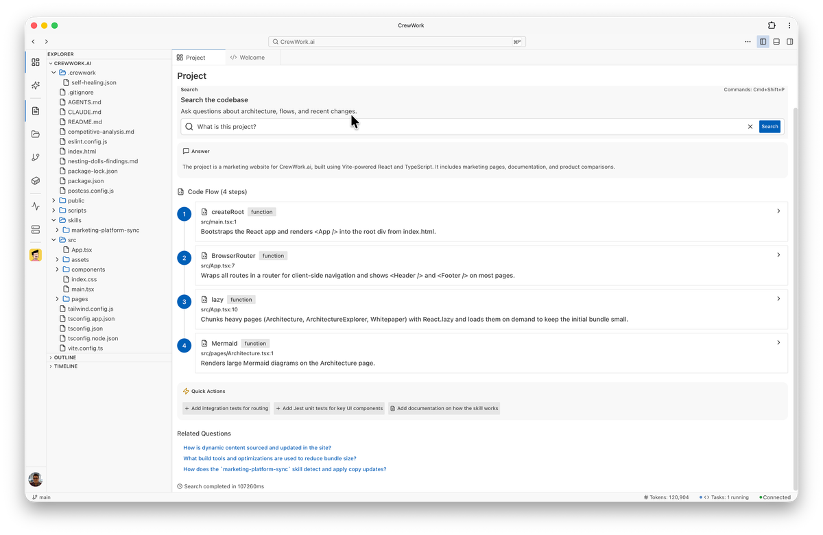 Full search results with quick actions and related questions